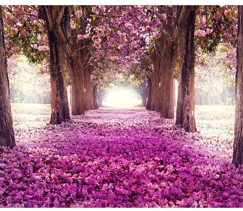 decomonkey - Papier Peint Panoramique Adhésif Allee Fleurs 147x105 cm - Stickers Muraux Salon Chambre Déco XXL Autocollant - Rose violet beige - Routes arbres fleurs forêt feuilles nature paysage