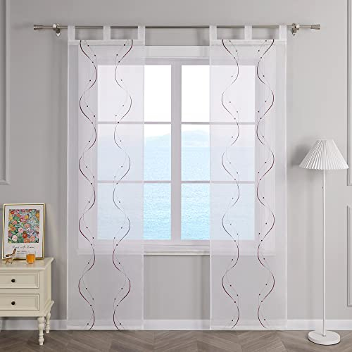 ESLIR Schiebegardinen Voile Flächenvorhänge Set 2er Schiebevorhang Wohnzimmer Gardinen mit Schlaufen Transparent Vorhang Bestickt Violett BxH 57x225cm 2 Stück