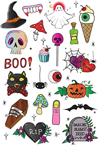 Temporary Tattoo Set By Tatsy, The Halloween Set, Fake tattoos, Original, For Kids, For Boys, For Girls, For Adults, Unique Design, Cover Up, Halloween Accessories, Spooky, Ghost, Candy, Skull, Spider