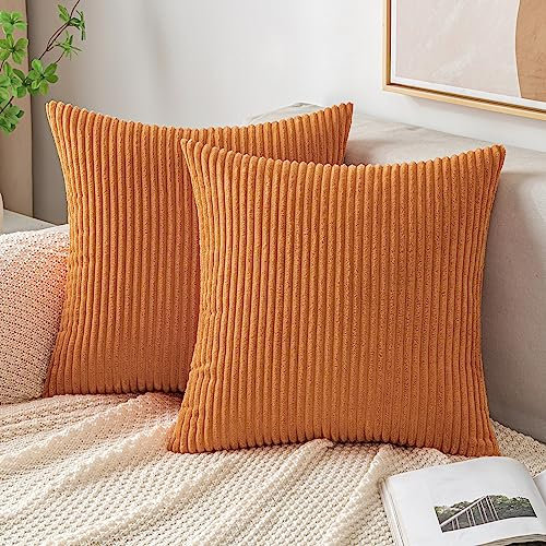 EMEMA Kissenbezug 50x50 cm Herbst Kordsamt Kissenbezüge Dekokissen Sofakissen Cord Kissenhülle Zierkissenbezug Kord Dekorative Weiche für Sofa Wohnzimmer Schlafzimmer 2er Set Gebranntes Orange
