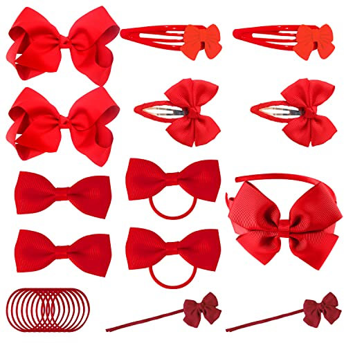 23-teiliges Kinder-Haarschmuck-Set, Schleife Haarspange Kopf Blume, Pferdeschwanz elastisches Haarseil, Styling-Accessoires für Mädchen, für Schule, Weihnachten, Geburtstagsfeier (rot)