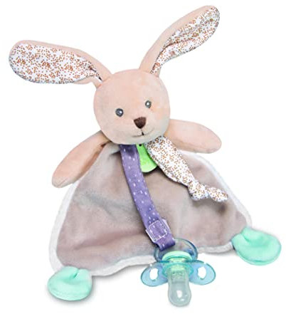 BABY NAT Kuscheltier mit Schnullerbefestigung, Hase, sehr weich, quadratisch, Grau/Beige, Schnullerkette, für Babys, zum Kuscheln von Kindern, Geschenkidee zur Geburt, BN0602