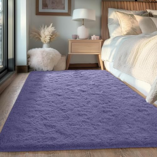 FVVRAX Fluffy Rugs Living Room Bedroom Soft Shaggy Purple Area Rug 90x150cm | Machine Washable Rug Luxury Carpet, Non-Slip Non-Shedding Large Floor Mat for Cosy Homes Nursery Dorm, Kids & Pets Friendly
