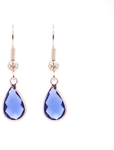ZARZAMORA Pendientes Mujer Gota de Agua-Aretes Colgantes Cristal Transparente forma de Lagrima Ribetes Dorados-Gancho Hippy Acero Inoxidable Chapado en Oro14k-Regalo Original (Azul)