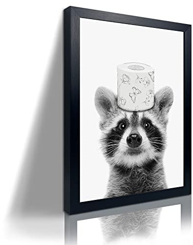 Lustiger Waschbär gerahmte Wandkunst in Toilette – schwarz-weißes Toilettenpapier Waschbär, Leinwand-Kunstdrucke, Bauernhaus-Badezimmer-Dekor, humorvolle Tiere, Badezimmermalerei, Leinwand, rustikaler
