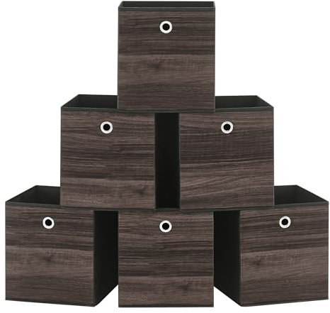 SONGMICS Cubos de almacenamiento, juego de 6 cubos de almacenamiento con asa, tela Oxford y cajas de almacenamiento de tela no tejida, 26 x 26 x 28 cm, plegable, color marrón castaño RFB126K01