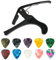LAKAMODO Capodastre de guitare acoustique électrique folk, pince de changement universelle changement de tonalité rapide, pour Ukulélé avec 10 médiators offerts (Noir)