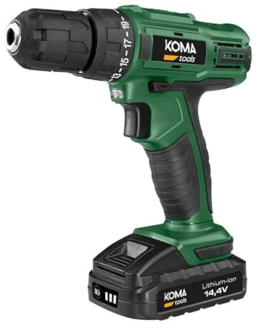 KOMA TOOLS® Bohrschrauber Akku 14.4V 1500mAh 0-700rpm 19 Positionen 18Nm Einstellbare Leistung Automatisches Bohrfutter Ø10mm LED Ladegerät Inklusive