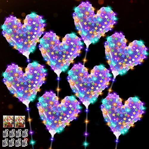RANJIMA LED Ballons Leuchtende Luftballons, 8er Herzballons Blinkende LED-Lichterkette Bobo Helium Luftballons mit Luftballon Stab für Geburtstag, Hochzeit Deko,Party,Feste,Hochzeitsdekoration