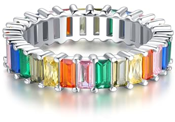 18K Funkelnder Rainbow Baguette Ring aus 925 Sterling Silber mit Bunten Regenbogen Steinen - Damen Ringe Eternity Ewigkeit Schmuck in Juwelierqualität (Silber, 60)
