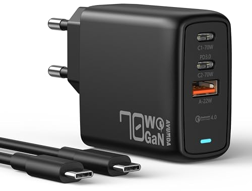 AVUMDA 70W Cargador USB C GAN,Cargador Carga Rapida Tipo C con 1.8M Cable, Cargador Rapido USB C Multiple Compatible MacBook Pro Air,DELL XPS iPhone 15/14, iPad Pro Pixel Samsung Galaxy S23/S22/S21