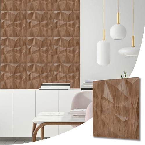 NOVECRAFTO Wooden Diamond Effect 3D Wall Panels - 16 Sheets Covering 4 sqm | 43.06 sqf Interior Cladding Panels Set | 3D Wall Tiles Diamond Design in Matte Wooden - Each Panel Size 19.6 x 19.6