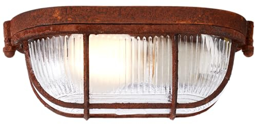Lightbox Wand- und Deckenlampe | 9 x 21 x 11 cm | Vintage Wand- & Deckenleuchte mit Glas Abdeckung & Metall Gitter | E27, max. 40 W | aus Metall/Glas in Rostfarben