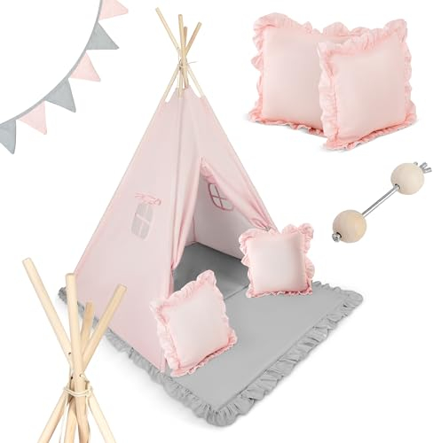 Nukido - Spielzelt für Kinder - Teepee - Spielhaus - mit Holzrahmen, Halterung und Baumwollbezug - Großes Set - mit Kissen, weicher Spielmatte, Fensterrollo, Girlande - Faltbar - Hellrosa, Grau