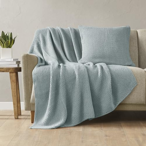 INK + IVY Bree Strick-Überwurfdecke für Bett, Sofa und Couch, leicht, atmungsaktiv, weich und gemütlich, Sommerdecke, Überwurf (127 x 152,4 cm), Hellblau