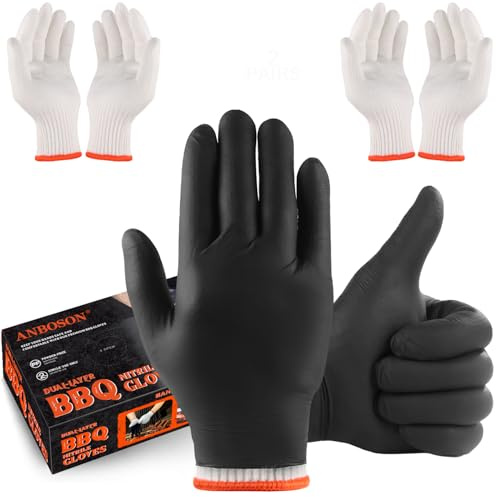 ANBOSON BBQ Gloves for Cooking Baking Grilling, 100 Count Disposable Nitrile Gloves and 4 Count Cotton Glove Liners Washable (6mil Nitrile, X-Large)