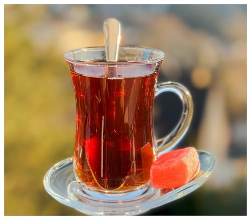 Topkapi Service à thé turc Narin-Sultan de 18 pièces pour 6 personnes - 6 verres à thé, 6 soucoupes, 6 cuillères à café - Verre à thé avec anse - Kit complet - Emballage sûr, 200.446