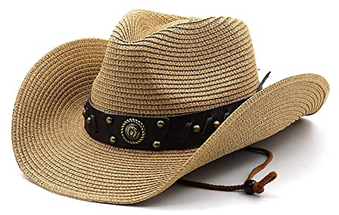Sombrero de Cowboy Western Panamá de Paja Con Banda - Vaquero Occidental de Playa Con Visera Para Verano - Para Hombre y Mujer (Caqui)