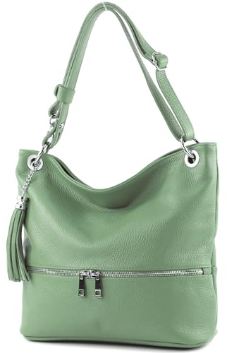 modamoda de - T143 - ital. Leder Schultertasche Umhängetasche, Farbe:Graugrün