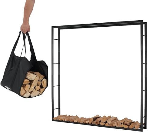 Lendo Online Kaminholzregal + Tragetasche - Innen & Außen - Feuerholzregal - Kaminholzständer - Brennholzregal - Schwarz - Metall (196x25x196cm)