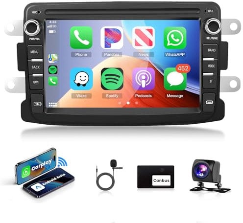 Podofo 7'' Autoradio 2 Din für Renault Dacia Duster Sandero Dokker Logan Lodgy Captur Wireless Carplay Android Auto Bluetooth mit Touchscreen WiFi/GPS Navi HiFi/RDS/FM+AHD Rückfahrkamera/Canbus