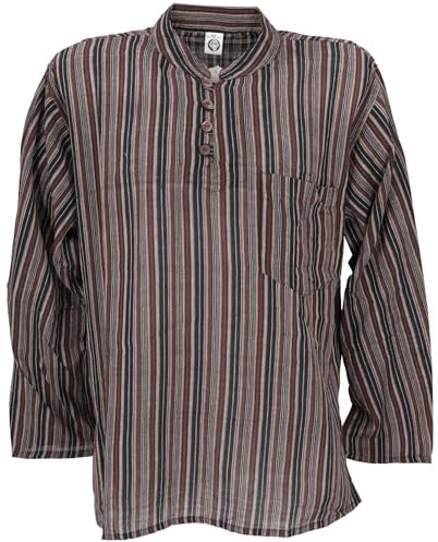 GURU SHOP Nepal Fischerhemd, Gestreiftes Goa Hippie Hemd, Yogahemd - Braun, Herren, Baumwolle, Size:XXL
