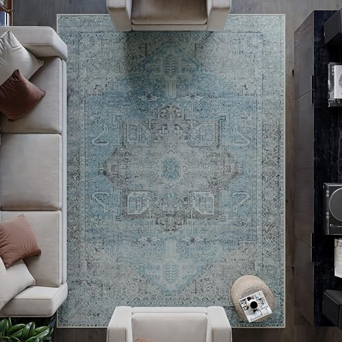 artyrugs Machine Washable Rug, 240x330cm, 75% Recycled Cotton, Short Pile, Non-Slip Backing, Non-Shedding, Suitable for Bedroom, Kitchen, Hallway, Office, Large, Daylight Blue & Silver