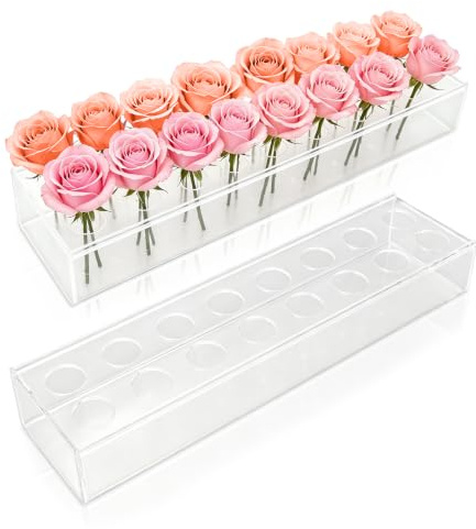 Transparente Blumentopf, 40 x 10cm Blumenvase, Rechteckige Acryl Vase mit 16 Löcher Elegante Tafelaufsatz Blumenkasten Blumen Mittelstück Moderner Blumenbehälter für Hochzeit Party Tischdekoration