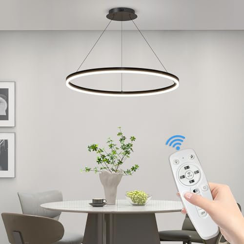 Mikeru Pendelleuchte Ringe, 60cm Ring Pendelleuchte Dimmbar Memoryfunktion 10%-100% Dimmbare Büro Beleuchtung Hängeleuchte 3000k/4500k/6500k Deckenleuchte 1 Ringe für Kücheninsel, Wohnzimmer