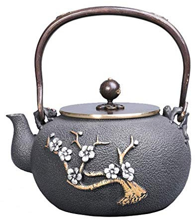 Wasserkocher aus Gusseisen, 1,2 l, Teekanne aus Gusseisen, universell für Herd, Wasserkocher im japanischen Stil mit Pflaumenmuster, Teeservice, Kupfergriff/-deckel, handgefertigt, Lofty Ambition