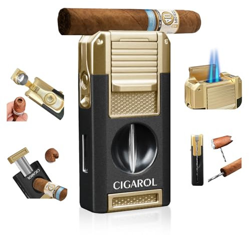 CIGAROL Feuerzeug, 5 in 1 Sturmfeuerzeug, 2 Jet Flamme Zigarrenfeuerzeug mit Zigarrenschneider V - Enthält kein Gas, Tolle Geschenke für Männer (Schwarz)