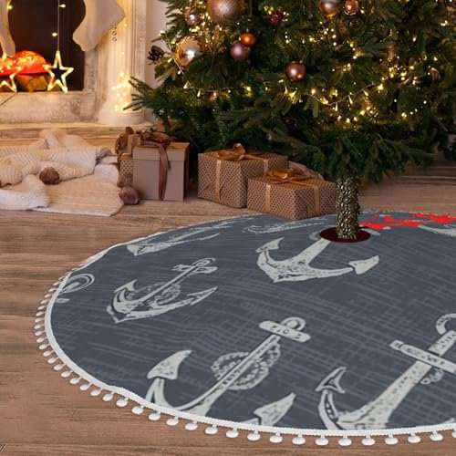 121,9 cm Weihnachtsbaum-Rock, Muster mit Anker, Weihnachtsbaumschmuck, wasserdicht, mit Pompom-Bordüre, für Urlaub, Weihnachten, Party, rustikale Bauernhaus-Dekorationen