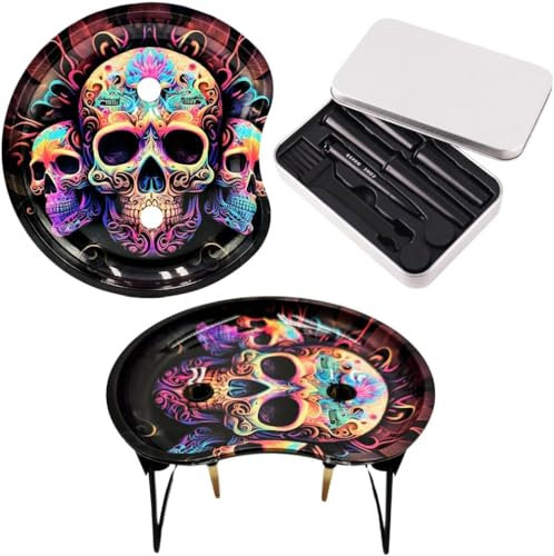 Rolling Tray with Cone Loader to stuff Full Size and Standard Sized Cones - 18.2 cm x 16.7 cm x 14.7 cm rolling tray with tin of tools included. Removable Rolling Tray Design (Skulls)