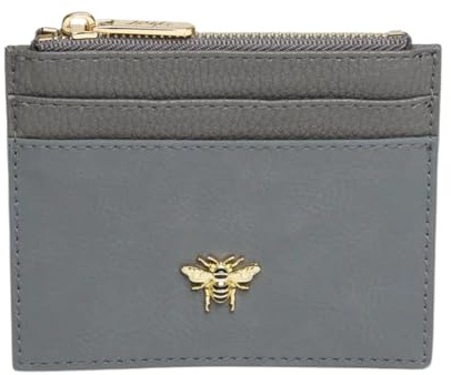 Alice Wheeler Bee Coin & Card Purse – Slate Vegan Leather – Gold Bee Emblem – 4 Card Slots & Top Slip Pocket – Slim Ladies Wallet – 12 x 10 x 1 cm