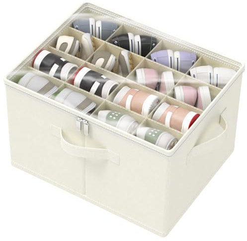 GUOHNHE Schuhorganizer für Closet, Passt 16 Paare, Schuhe Organizer mit Durchsichtigem Deckel, Starke Aufbewahrungskiste für Schuhaufbewahrung mit 3 Griffen, 53 x 42 x 33 cm, Beige, XSNX01BEL-1