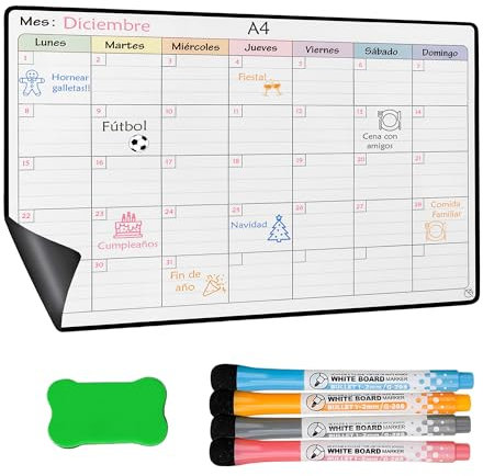 YSANCOR® Calendario Magnético Nevera Planificador Mensual o Semanal + 4 Rotuladores y 1 Borrador de Regalo | Opciones en Tamaños A4 y A3 | Ideal como Organizador Semanal (MENSUAL A4)