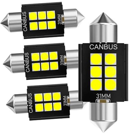 YaaGoo Auto-Innenraumleuchten Soffittenlampen Soffitte C5W 3030 6 SMD 300LM 6000K 12V DC(4er-Pack, Weiß, 31mm)