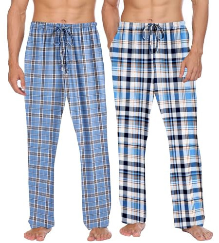 Ekouaer Lot de 2 pyjamas pour homme léger pour homme, vêtements de détente et de nuit - Pyjama pour homme à coupe confortable Bleu Blanc + Noir Blanc Carreaux XL