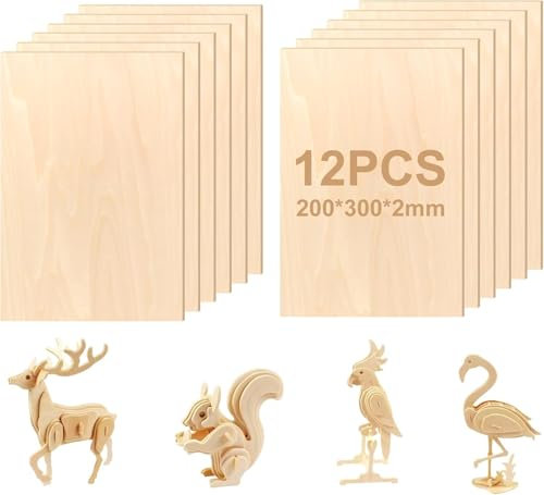 12 fogli di compensato, 300 x 200 x 2 mm, in compensato di tiglio, pannelli in legno di balsa non finiti, pannelli in legno per incisione, per dipinti, progetti in legno e incisioni, progetti fai da