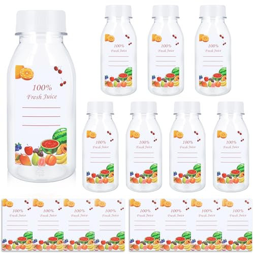 FORETOGO 8 Pieza Botellas de Jugo de Plástico 200ml,Transparente Botes Pequeños de Plastico con Tapa Blanca y 8 Pegatinas,Reutilizable Mini Botellas para Guardar Zumos,Agua y Bebidas