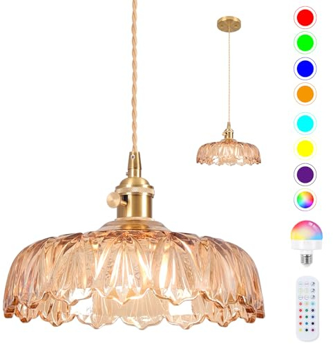 Retro Battery Operated Pendant Lights Fixtures With Green Glass Lampshade, Rechargeable RGB Bulb 2500mAh, Remote Control, Wireless Vintage Chandelier for Bedroom Kitchen Island Hallway - Amber, 24cm