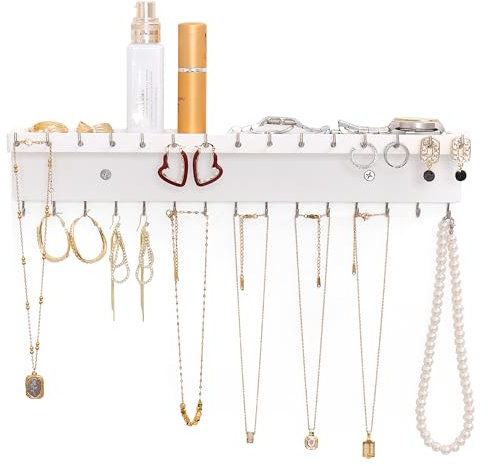 NIUBEST Halskettenhalter Organizer Wandmontage, Schmuckhalter Organizer mit 30 Haken, Eichen Schmuckorganizer und Aufbewahrung für Halsketten, Armbänder und Ringe(Weiß)