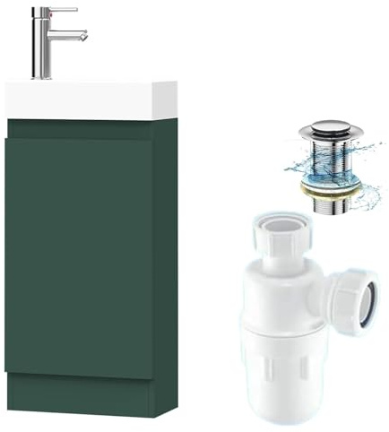 BELOFAY 400mm Under Sink Bathroom Cabinet Floor Standing Storage Cupboard Basin vanity Unit, 400mm Laquered Cloakroom vanity unit with basin, Trap and Waste, Tap not included (Denvor Green)