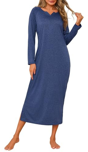 Jahetuul Long Cotton Nightdresses for Women Nighties V Neck Long Sleeve Nightwear Baggy Ladies Nightshirt Casual Plus Size Sleep Dress Nightgown Blue