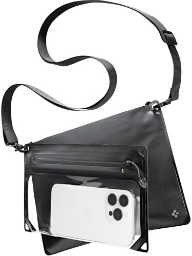Spigen AquaShield [Abnehmbaren Doppel-Fächern] wasserdichte Handyhülle Tasche IPX8 Touchscreen-kompatibel, Umhängetasche für Smartphone, Strand, Schwimmen, Reise –Schwarz
