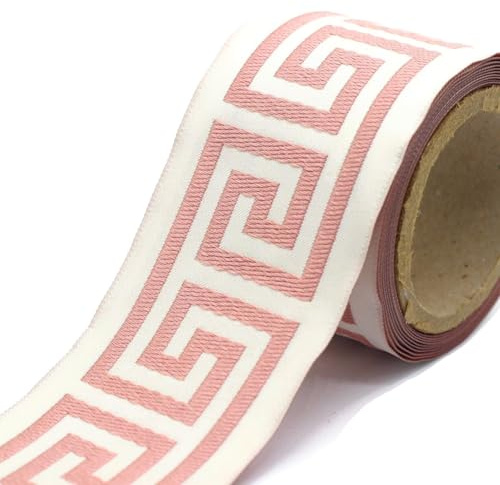 Galon Textile à Motif Grec (Méandre) 70mm - Bande Décorative Ivoire et Rose Poudre pour Rideaux et Ameublement - Ruban Bordure Élégante Style Clé Grecque - Rouleau de 3,5m