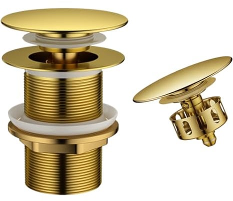 VELAJA Piletta Click Clack per Lavabo Senza Troppo Pieno, Sifone Pop Up con Filtro Antiotruzione, Finitura Ottone Antico Dorato, Universale per Lavabo e Bidet, Misura Filetto G1 1/4 Pollice