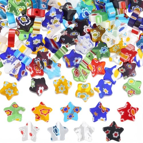 PONABEADIY 1 Caja de Aproximadamente 100 Cuentas Millefiori de 10mm grandess Estrellas de Cristal de Murano Dijes de Flores de Mosaico Flores Hechas A Mano Estrellas Florales Cuentas Florales A