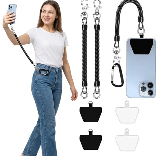 quancifang 2 Cordón para Móvil Antirobo con 4 Parches + Gancho Escalada, Correa/Cuerda para Móvil Compatible iPhone Samsung Pixel, Ideal para Ski y Senderismo