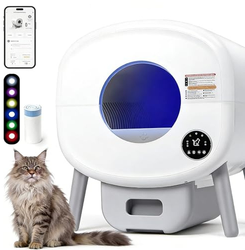 Arenero Gatos Autolimpiable, Inodoro/Iluminación Ambiental | 76L, Protección de Seguridad/Control de Aplicaciones, Arenero Automatico Gatos para Varios Gatos